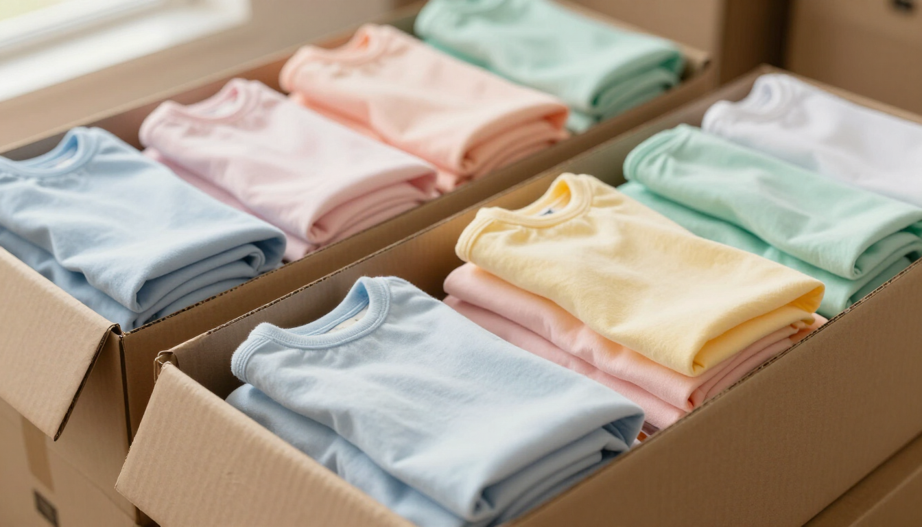 Cajas de cartón abiertas llenas de ropa de bebé de colores pastel cuidadosamente doblada.