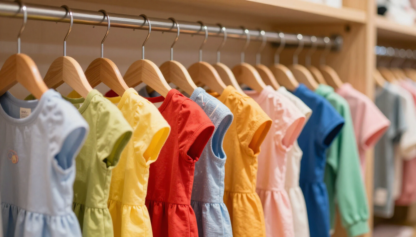 Vestidos infantiles coloridos colgados en perchas de madera en un perchero.