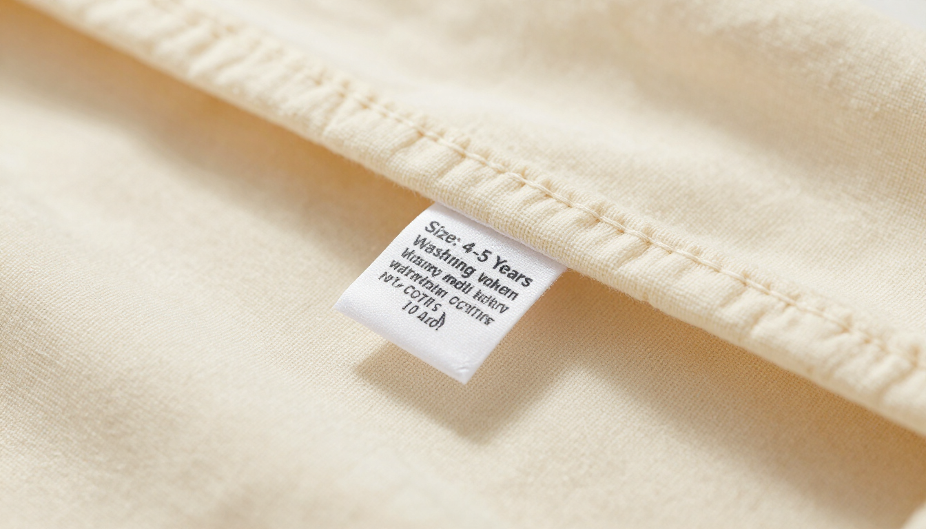 Primer plano de una etiqueta de tela color crema en una manta suave de color beige, que muestra instrucciones de cuidado impresas en negro.