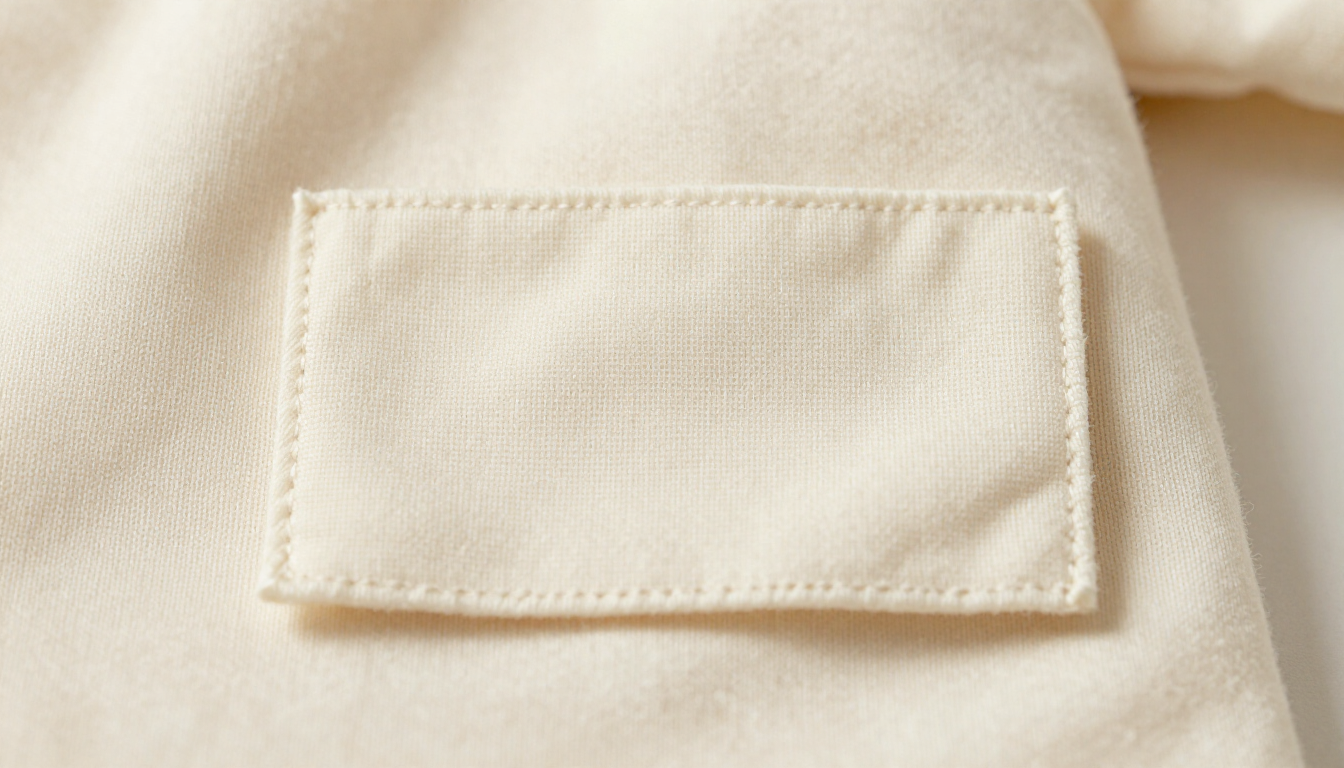 Primer plano de un bolsillo de parche de tela color crema cosido sobre tela beige.