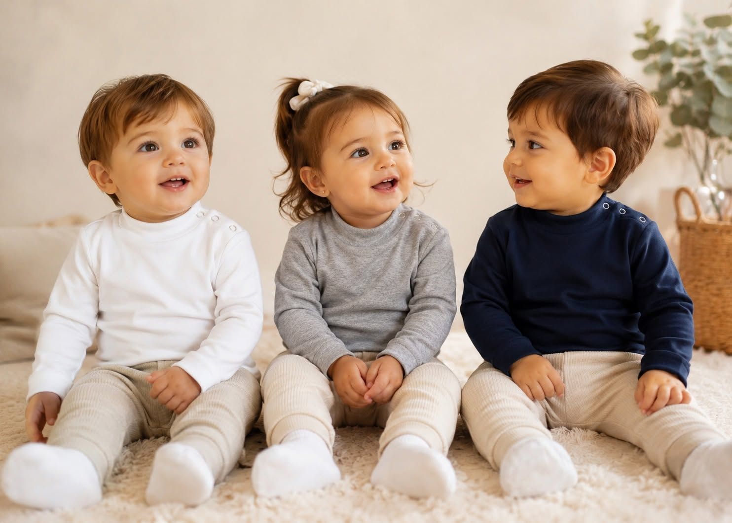 Tres niños pequeños sentados en una alfombra mullida, sonriendo con atuendos blancos, grises y azul marino.