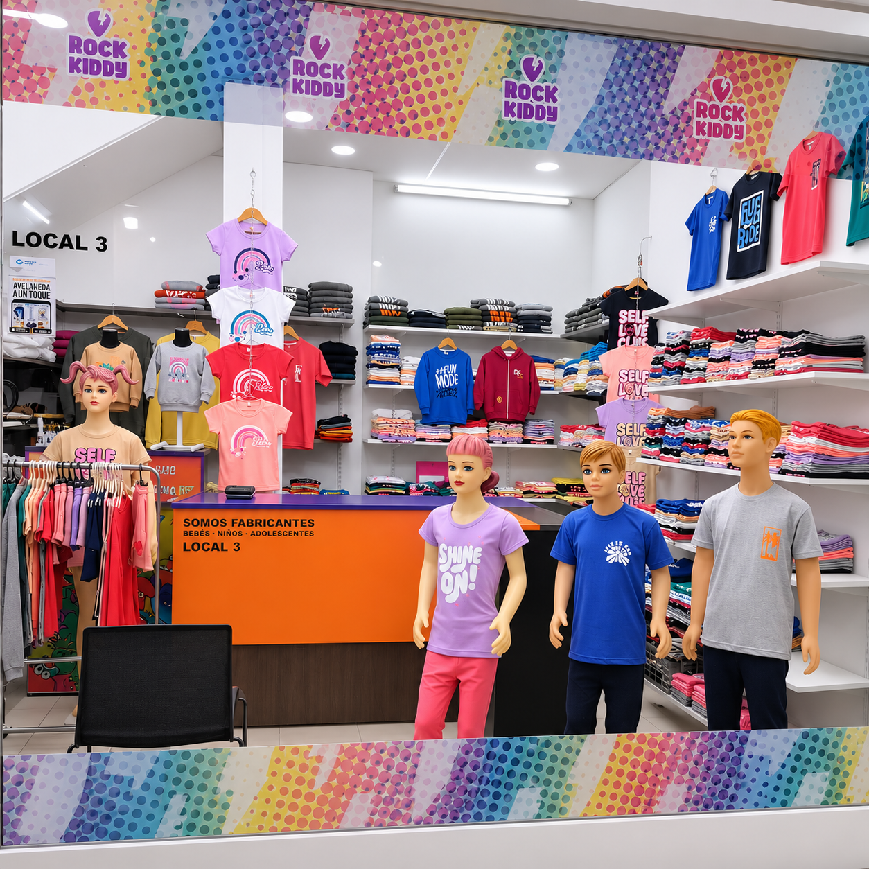 Exhibición de una tienda de ropa con maniquíes vestidos con camisetas coloridas y un mostrador de color naranja brillante.