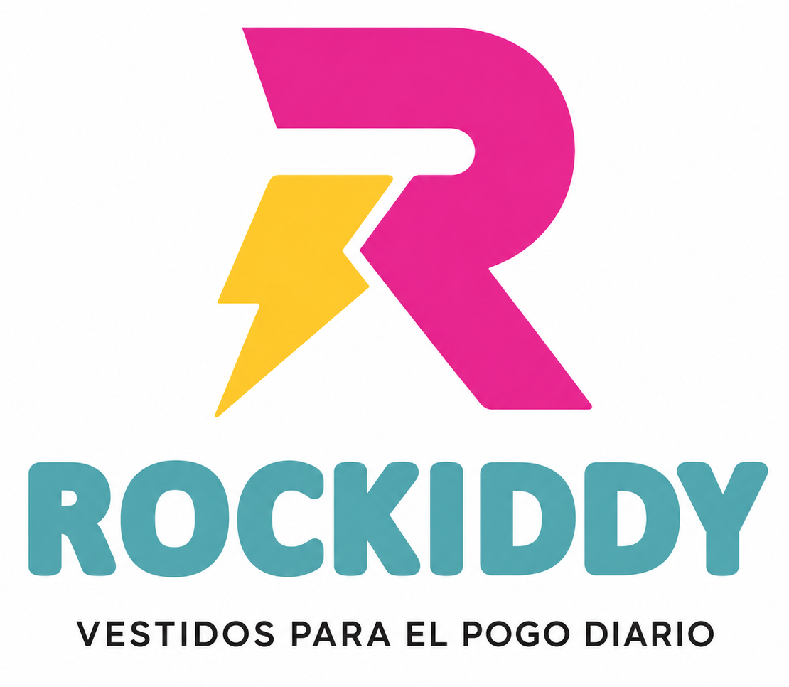 Logotipo de Rockiddy con una R de rayo rosa y amarillo y texto color turquesa, eslogan “Vestidos para el pogo diario”