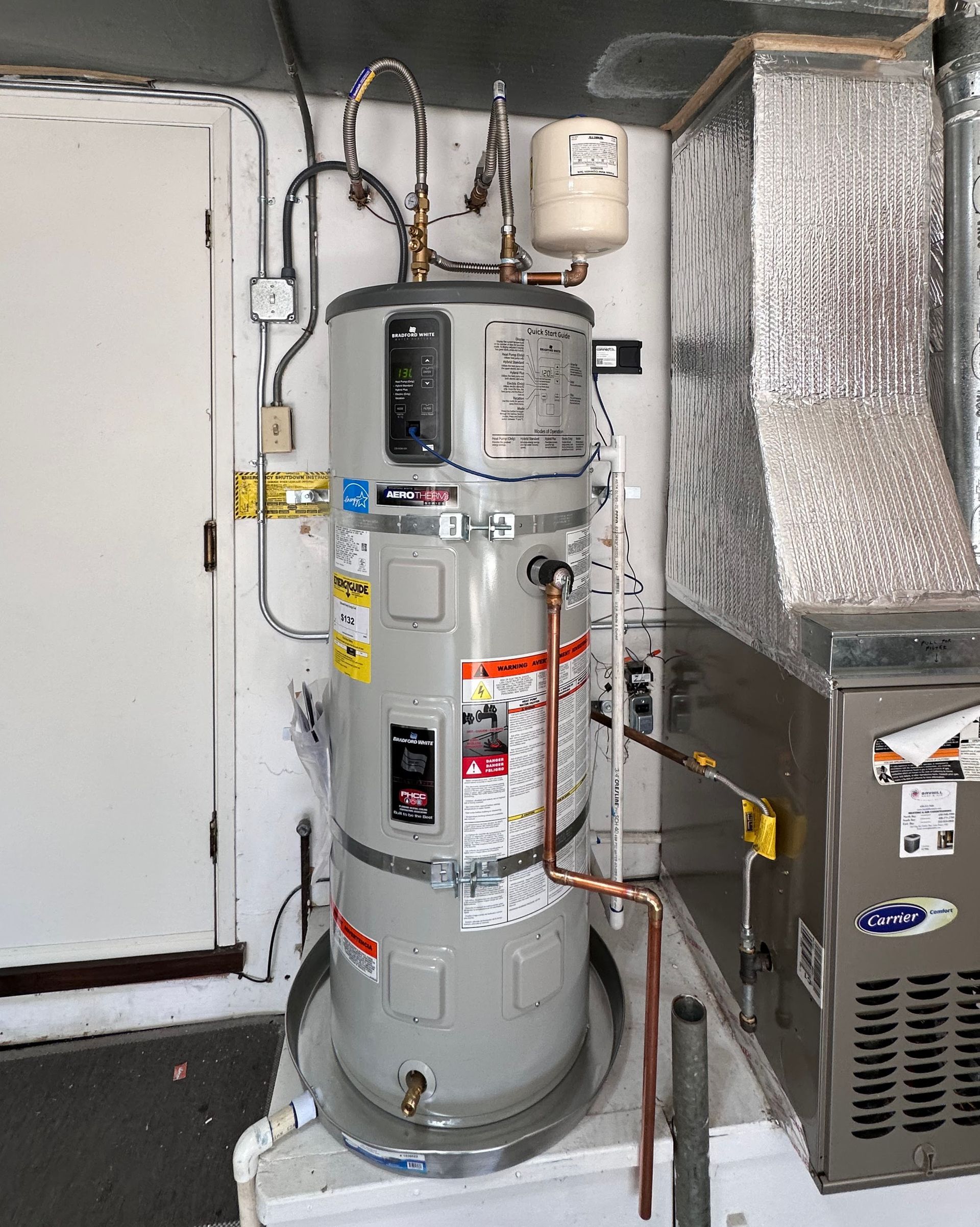 Gas water heater in a narrow utility closet, with copper pipes and warning labels.