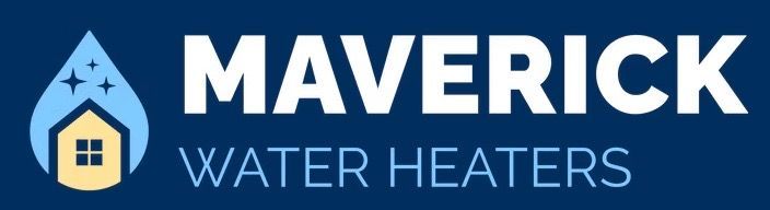 Maverick Water Heaters logo with blue house-and-drop icon on dark blue background