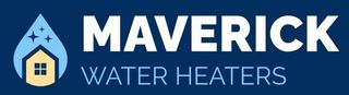 Maverick Water Heaters logo with blue house-and-drop icon on dark blue background