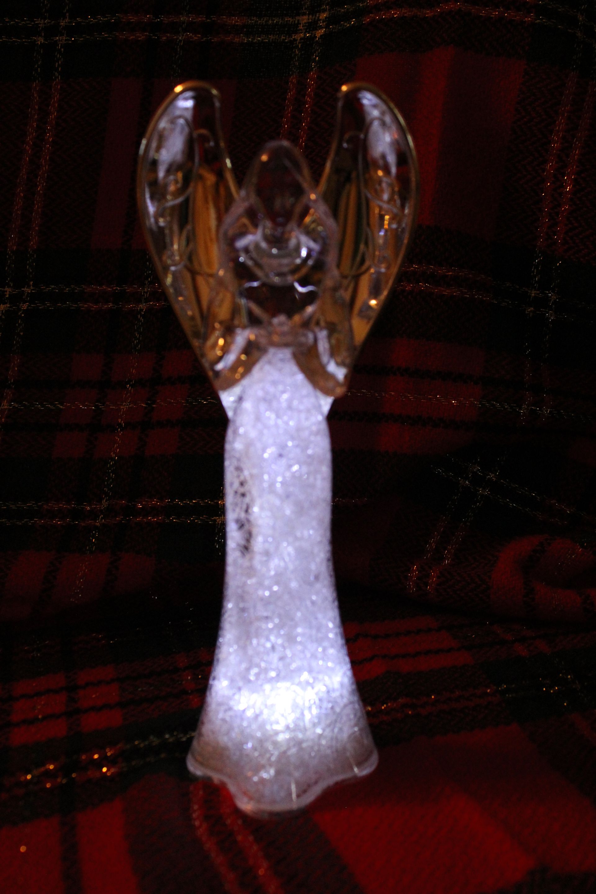 Glittery angel figurine with clear wings on a red plaid background