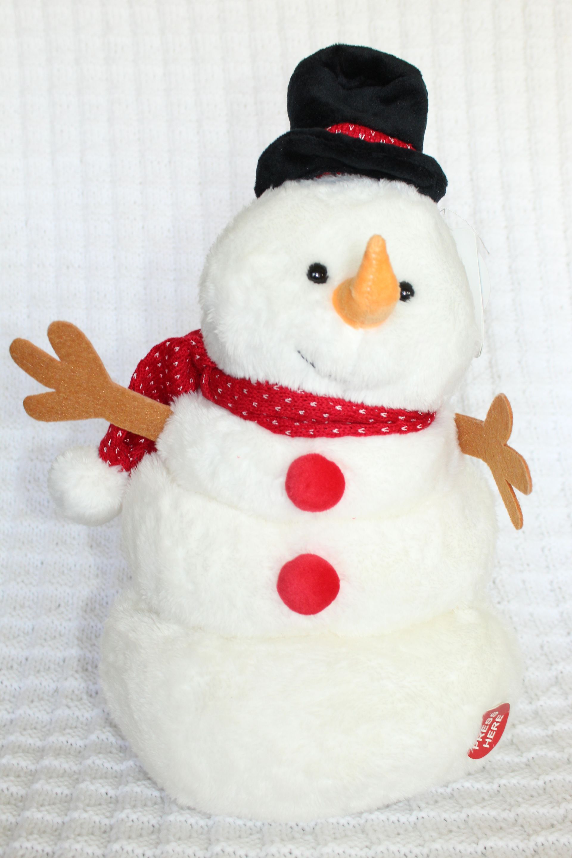 Decorated snowman with black hat, red scarf, and tag against a light background
