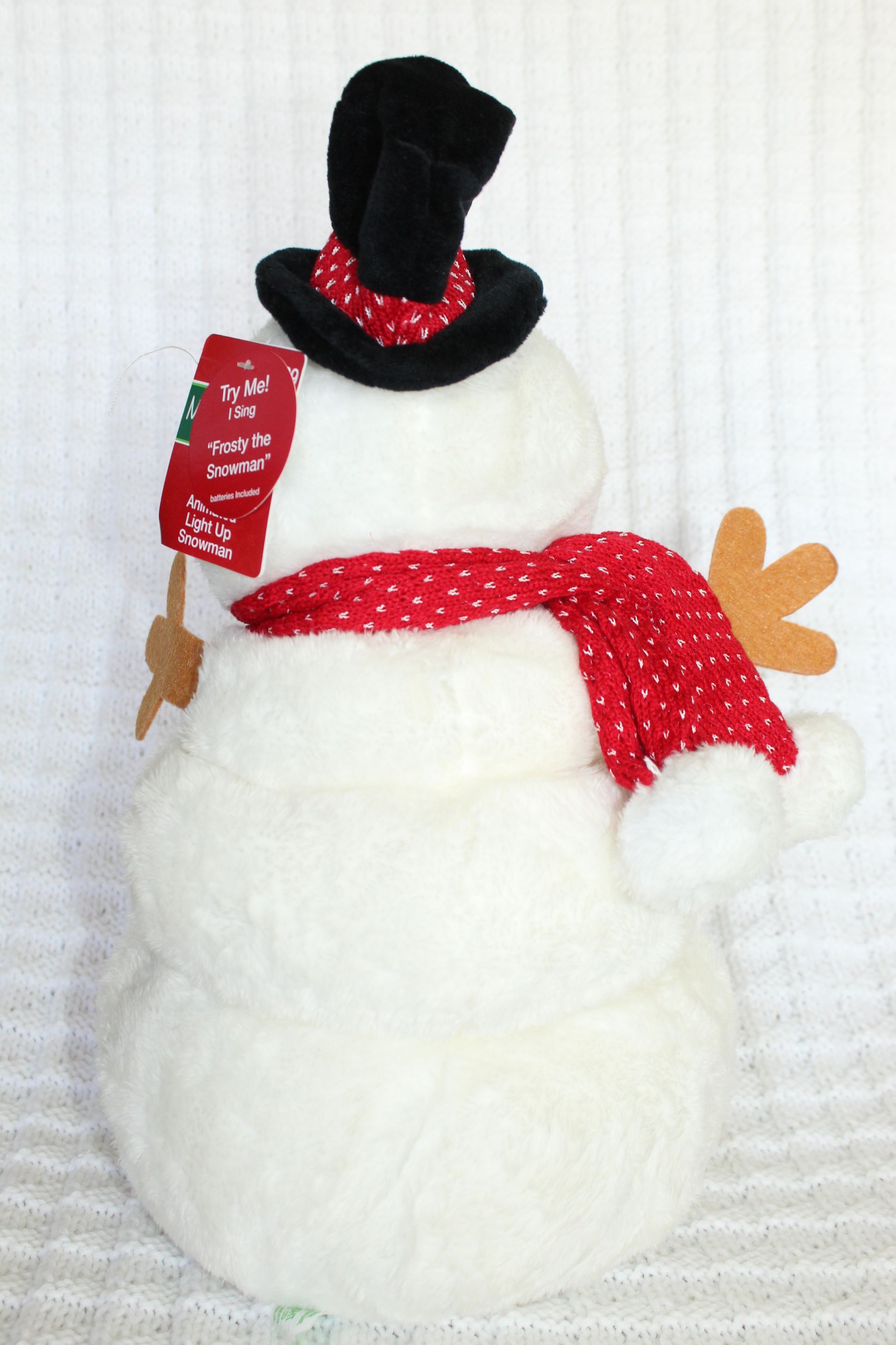 Decorated snowman with black hat, red scarf, and tag against a light background