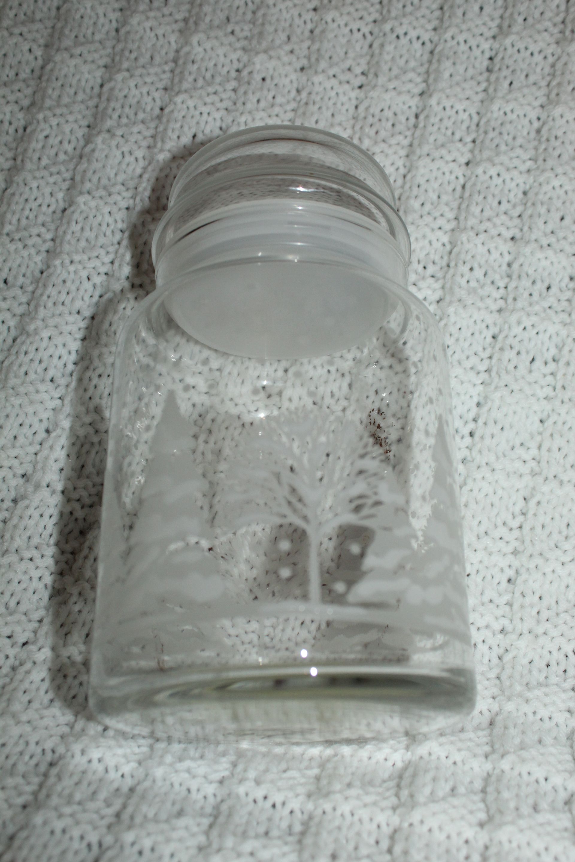 Clear glass jar with etched floral design on a textured white fabric background