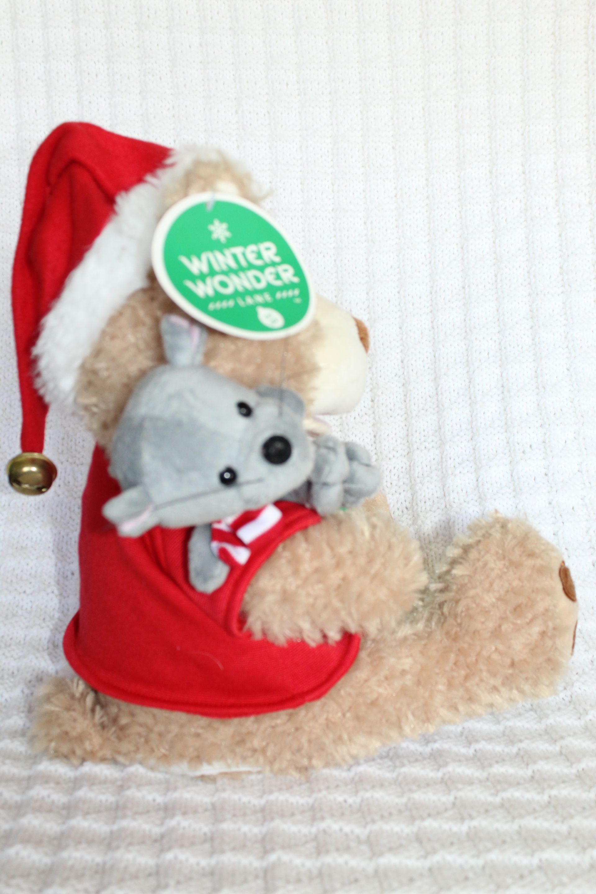 Teddy bear in a red Santa outfit holding a gray koala plush with a green “Winter Wonderland” sign