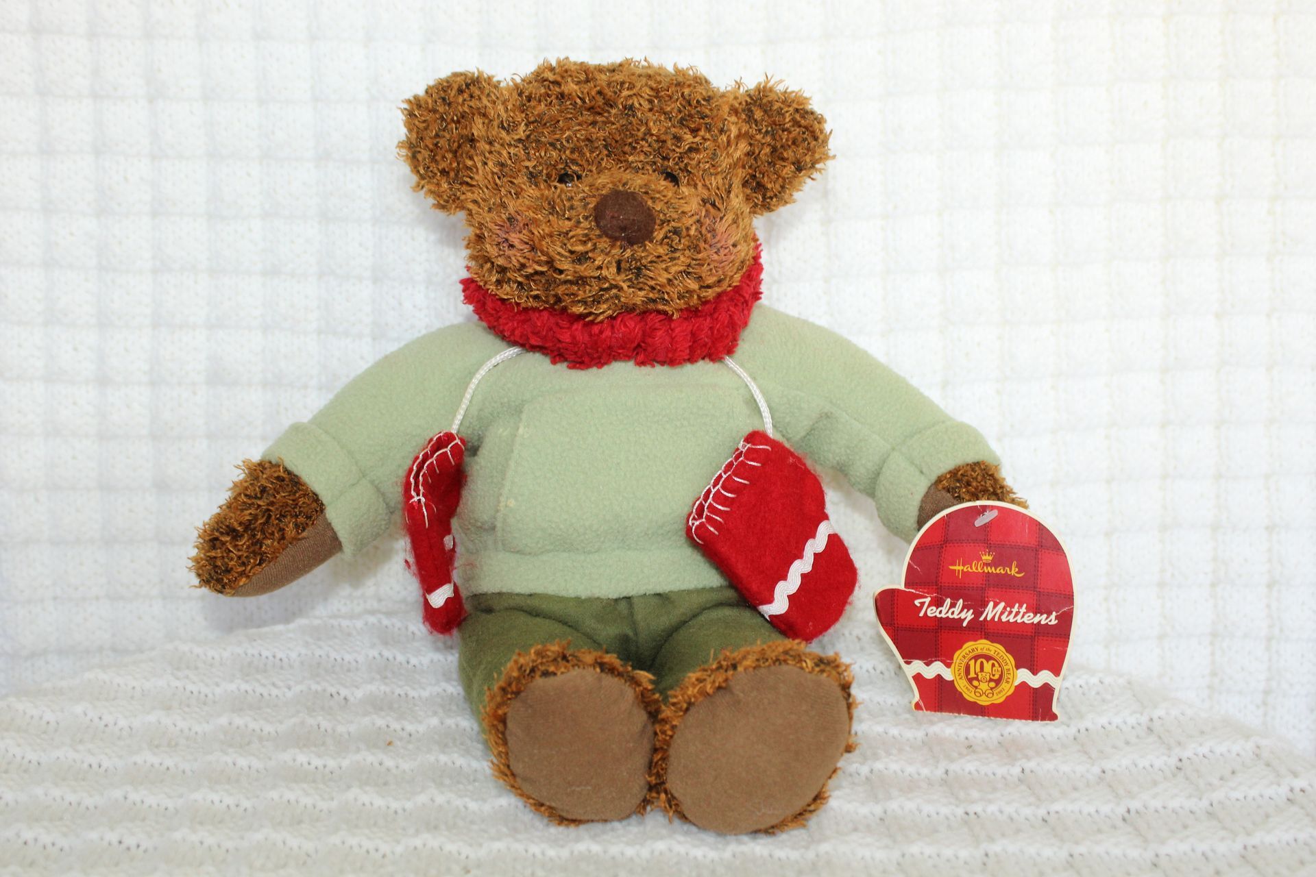Brown teddy bear in a green sweater and red scarf, sitting beside a red gift tag on a white background