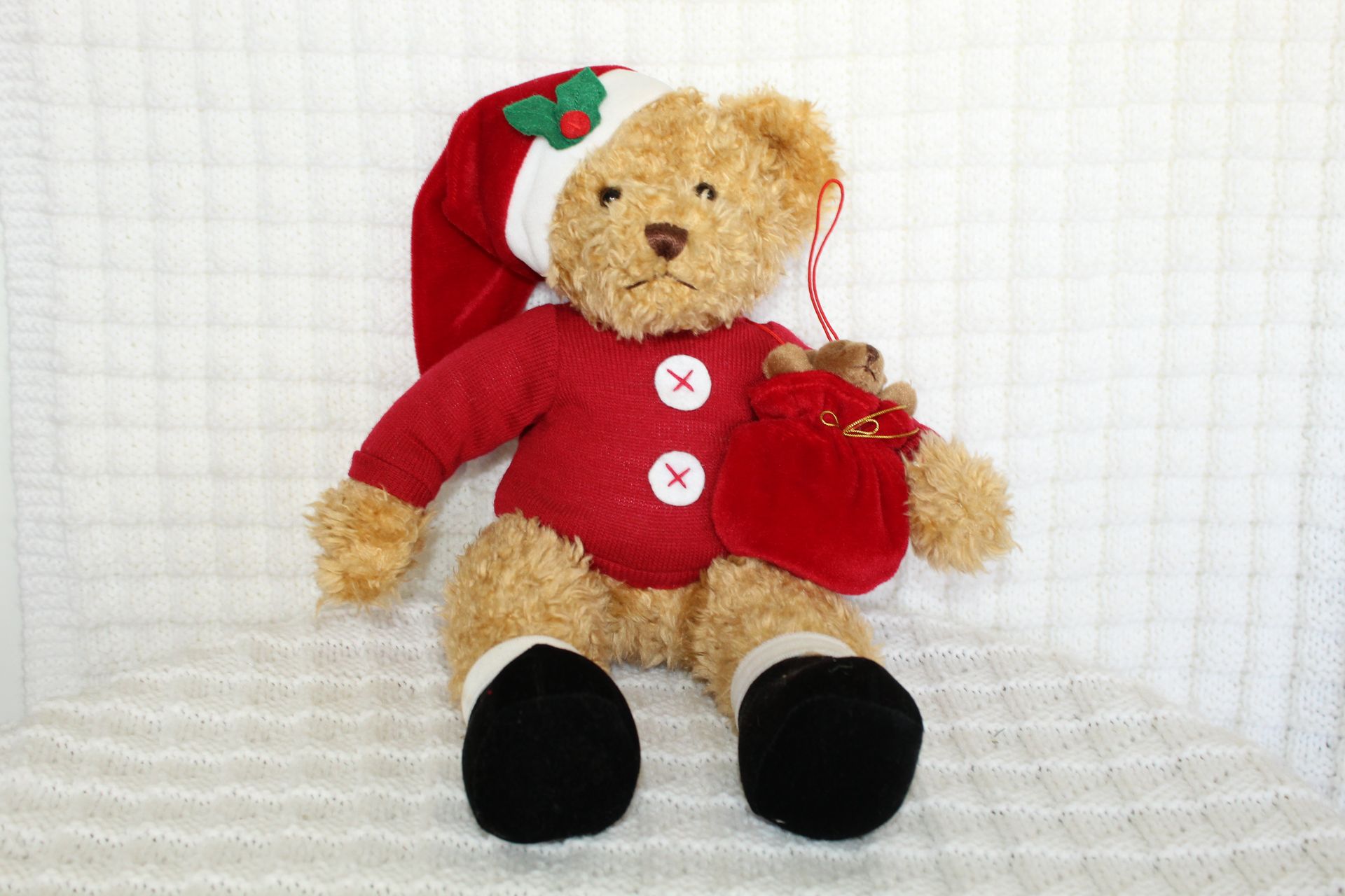 Teddy bear in a red Santa outfit with matching hat, sitting against a white background.