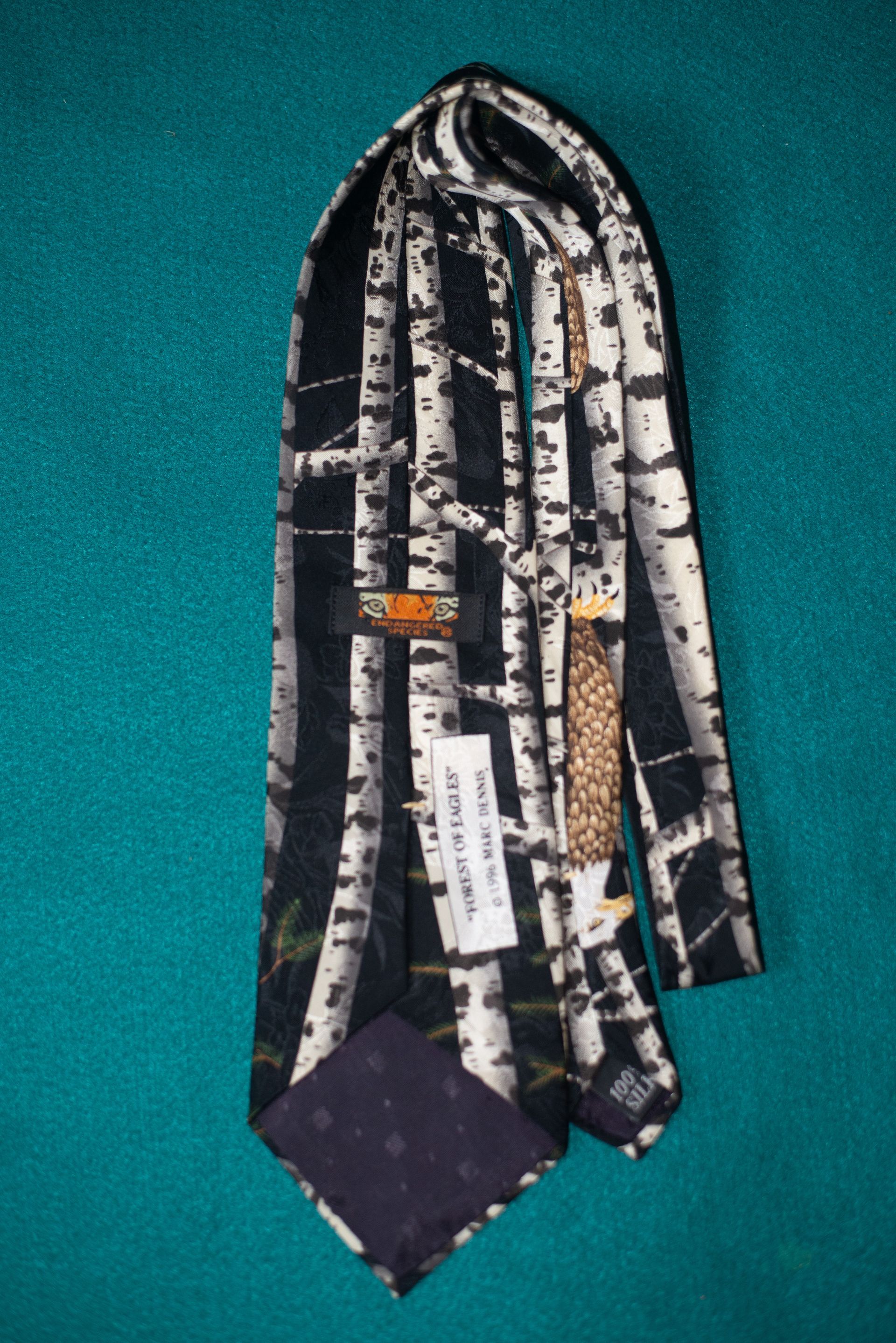 Narrow patterned necktie with two owls on a birch tree design against teal fabric