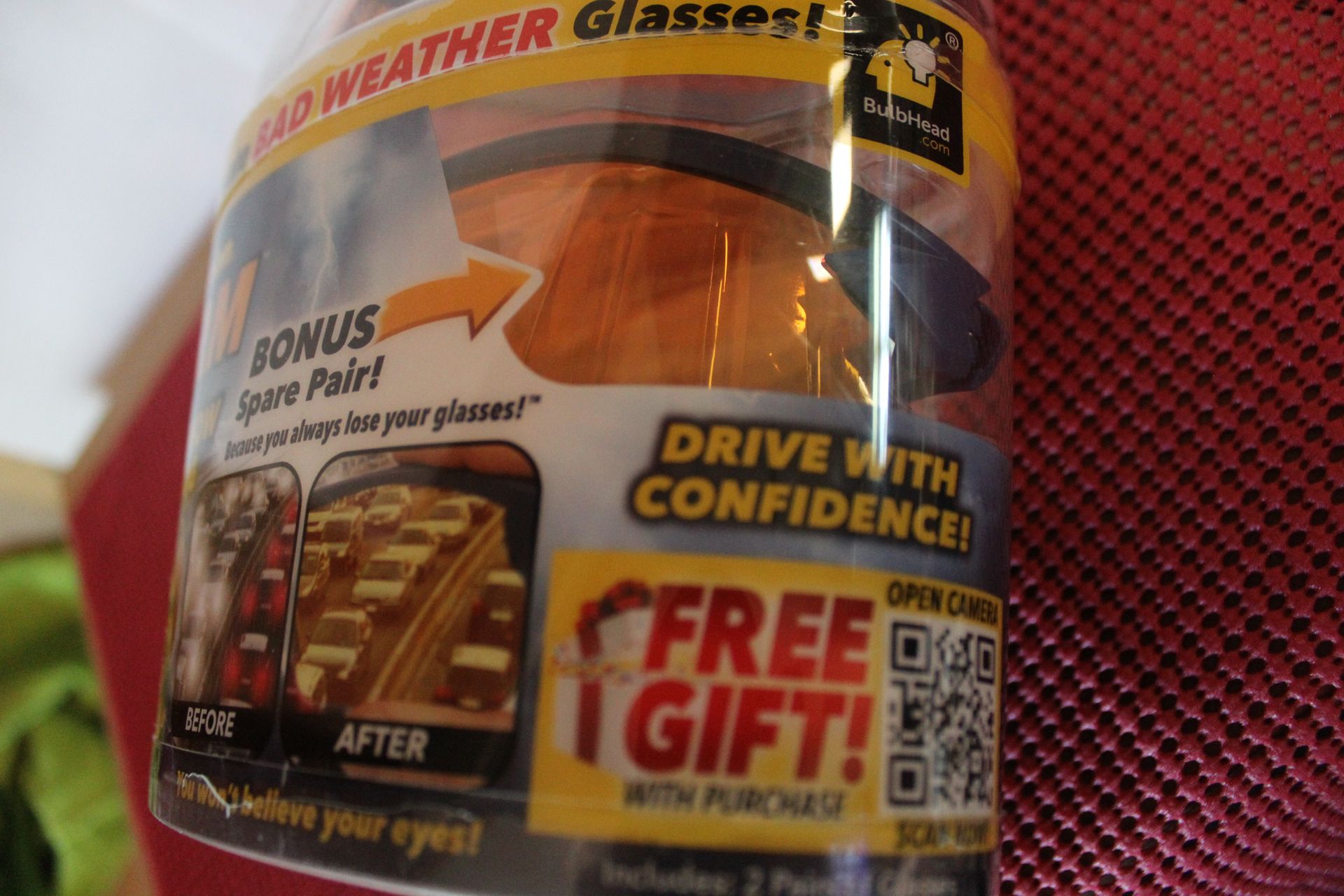 Amber strobe light in a clear dome on a product package labeled “The Ultimate BAD WEATHER”