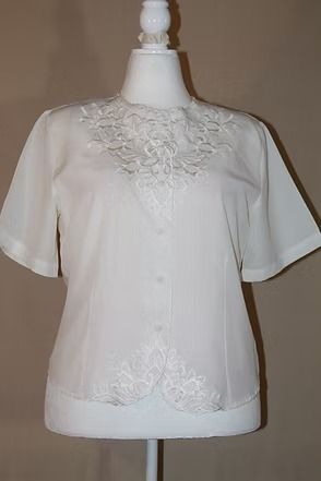 White short-sleeve blouse with lace detail on a mannequin