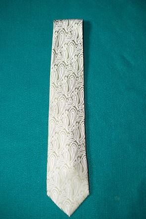 Cream paisley necktie on a teal background