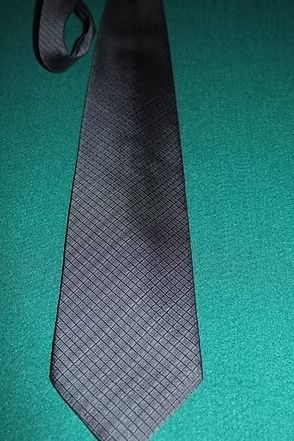 Gray patterned necktie on a teal background.