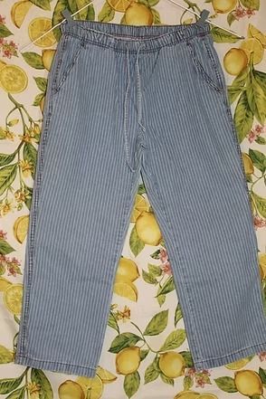 Blue-and-white striped pants laid flat on a floral lemon-patterned background