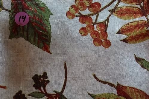Floral fabric with orange berries, green leaves, and a small pink circle labeled “14”