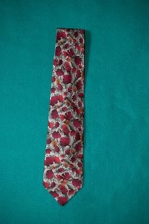 Red floral necktie on a teal background