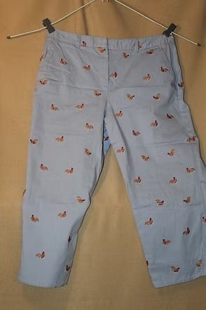 Light blue pants with small red butterfly prints hanging on a clothesline against a tan background