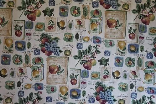 Fruit and floral patterned wallpaper with apples, grapes, pears, and berries on a light background