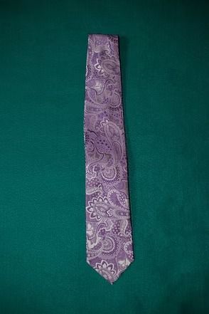 Purple paisley necktie on a green background