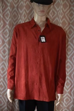 Mannequin wearing a red button-up shirt and black cap against a patterned backdrop
