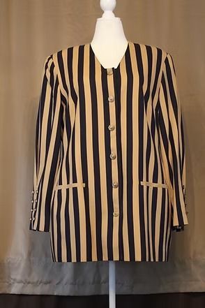 Black-and-beige striped long-sleeve jacket on a mannequin against a neutral backdrop