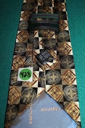 Patterned necktie with brown and gold geometric design on a green background