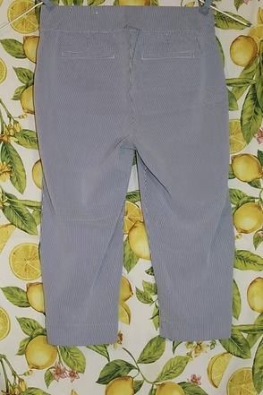 Gray pinstriped pants laid flat on a lemon-patterned surface.