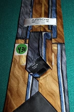 Packaged Arrow necktie in blue, gold, and gray with green price sticker 431