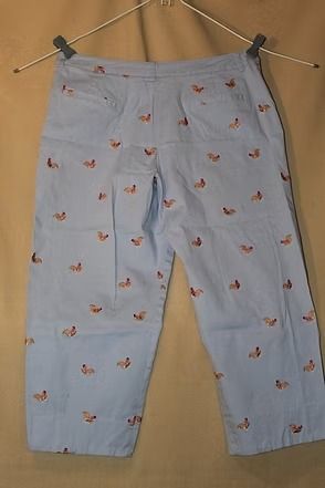 Light blue pants with small red butterfly prints hanging on a clothesline against a tan background