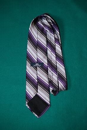 Purple, white, and black striped necktie on a teal background