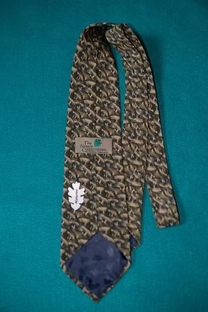 Brown patterned necktie on a teal background