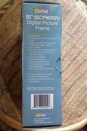 Box for a 5-inch digital picture frame with a family photo on the front