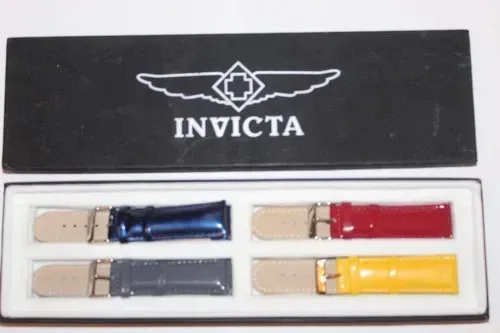 Invicta watch band display with four interchangeable straps in blue, red, gray, and yellow