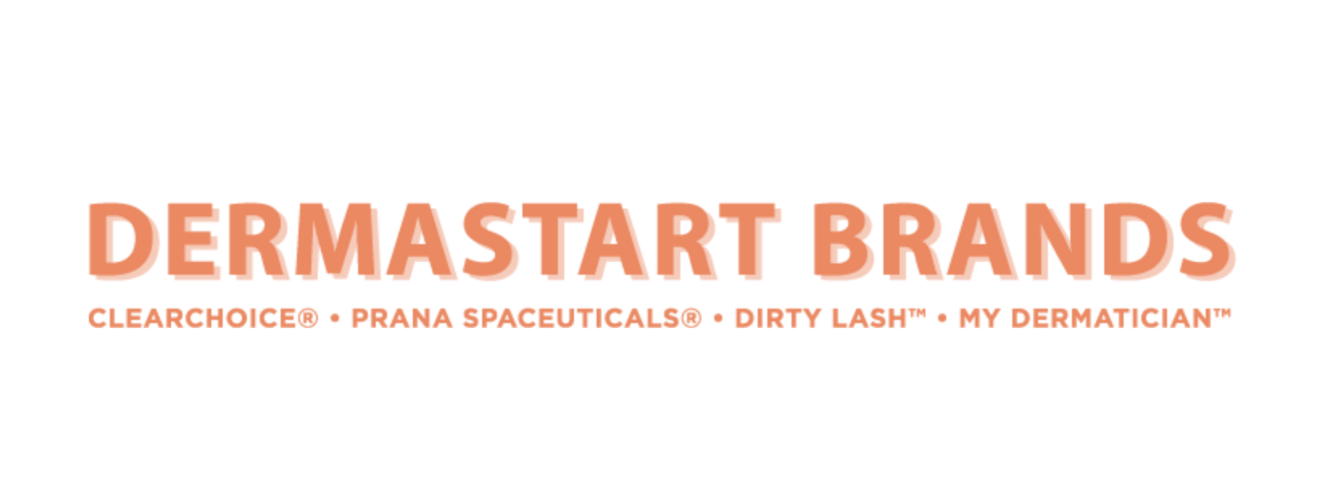 Dermastart Brands logo in peach with sub-brands ClearChoice, Prana SpaCeuticals, Dirty Lash, and My Dermatician below.