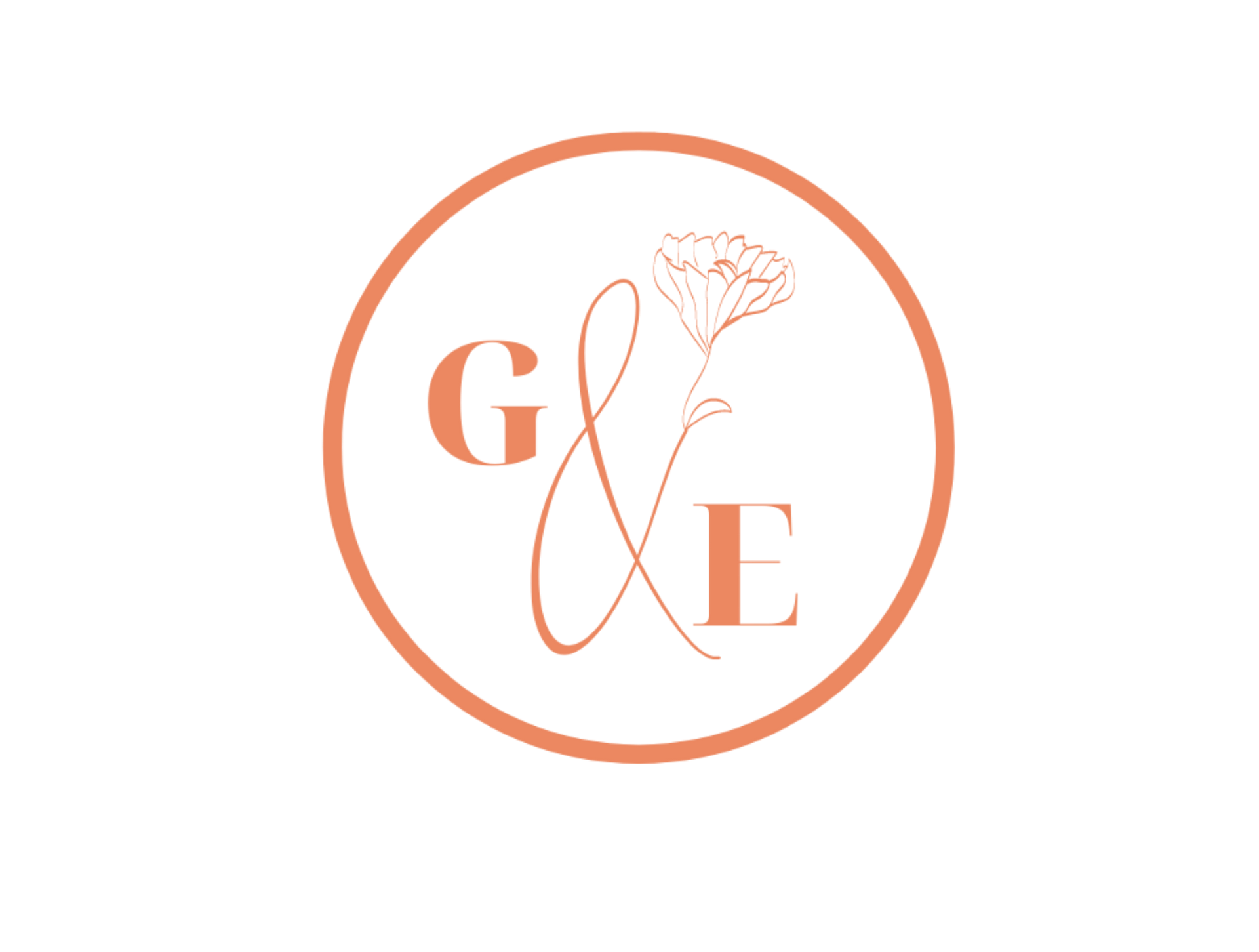 A dusty rose logo featuring the letters G and E joined by a thin script ampersand and a simple floral line drawing.
