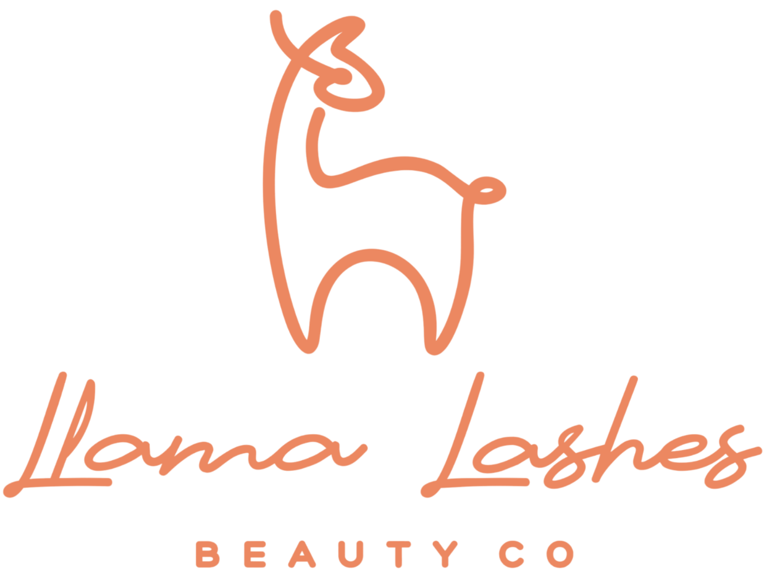 Orange line-art llama logo with the words “Llama Lashes” and “BEAUTY CO” below