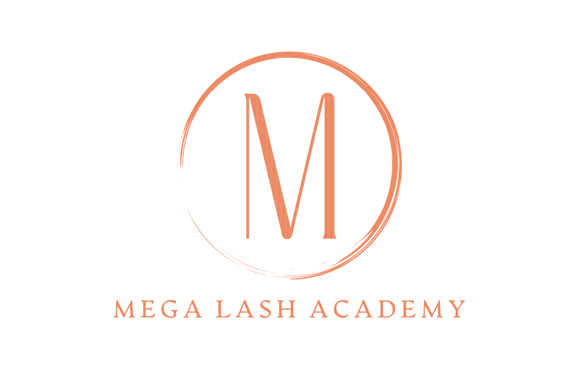 A logo for Mega Lash Academy featuring a large, stylized orange 'M' inside a brushstroke circle on a white background.