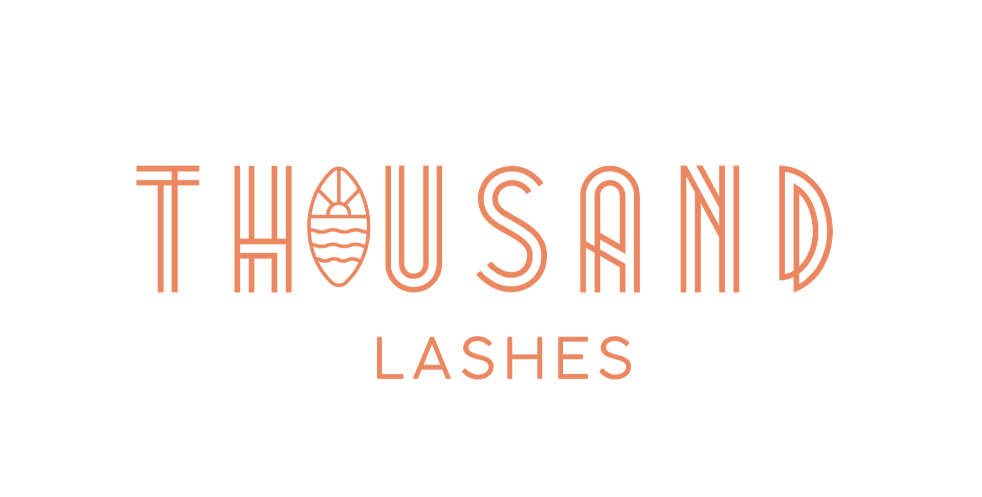Logo for Thousand Lashes in a rose gold, geometric line-art font on a white background.