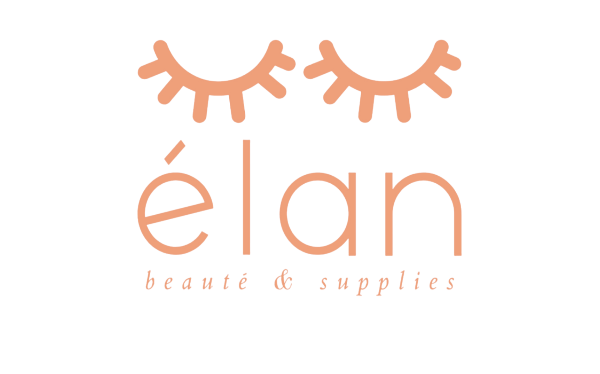 Logo for Élan Beauté & Supplies with peach eyelash graphic and text on a white background