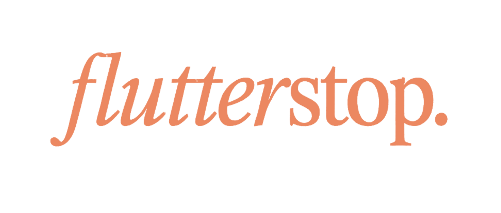 Orange “flutterstop” logo in italic lowercase serif text on a white background