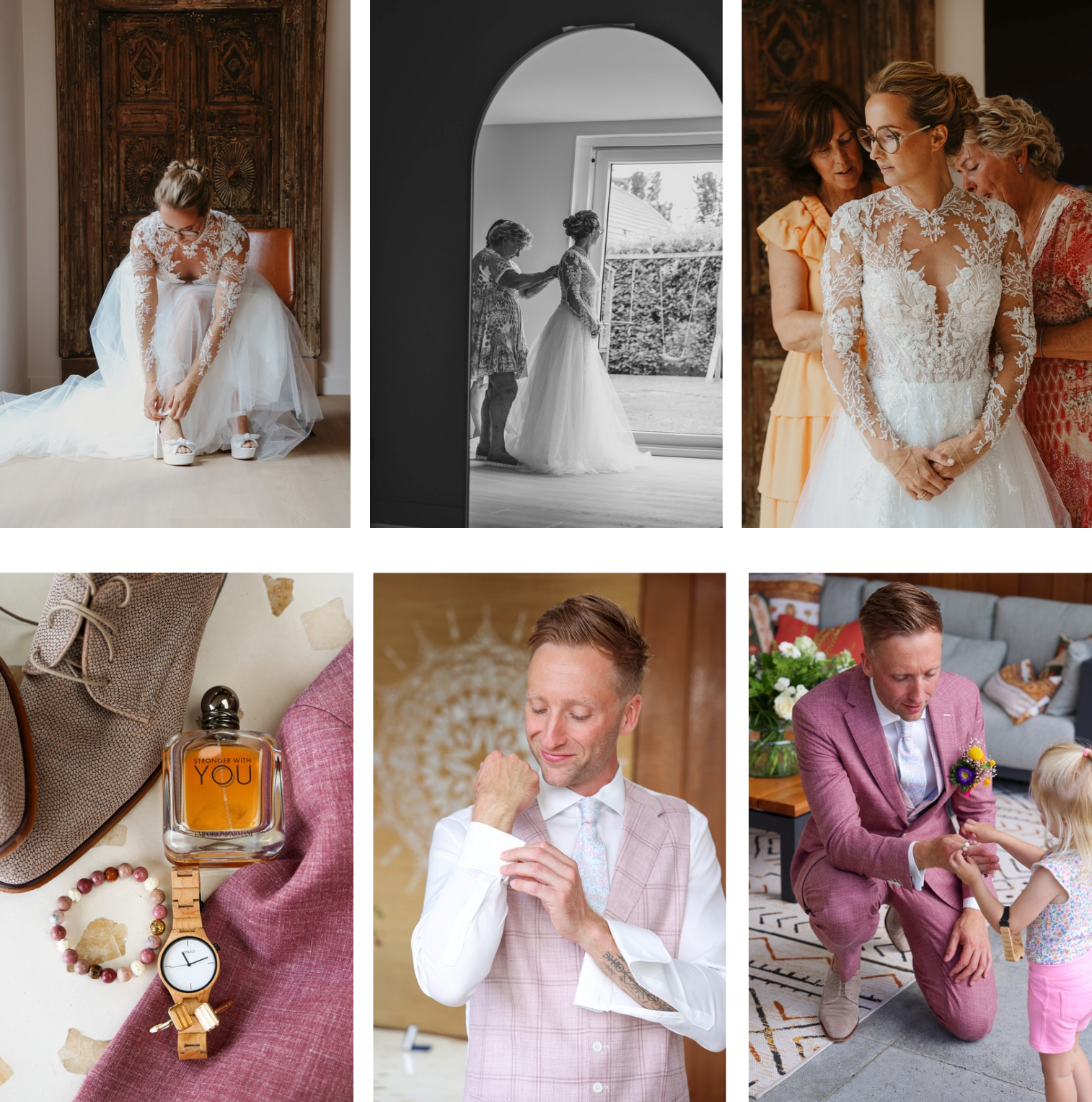 Collage van de voorbereidingen voor de bruiloft: bruid, bruidegom, accessoires en portretten van het paar in zachte roze en witte tinten.