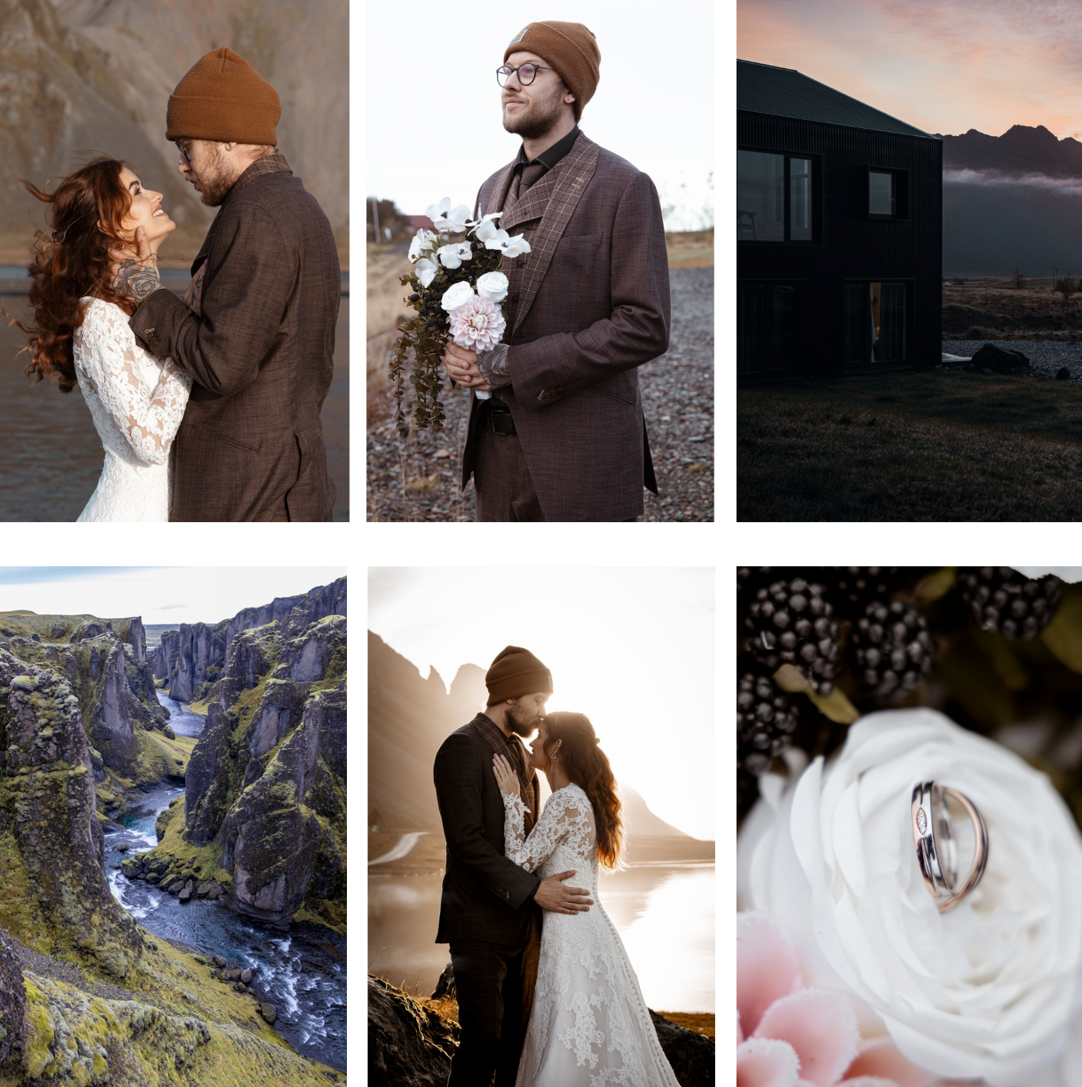 Collage van een winterse buitenbruiloft met portretten van het bruidspaar, besneeuwde landschappen en close-ups van bloemen.