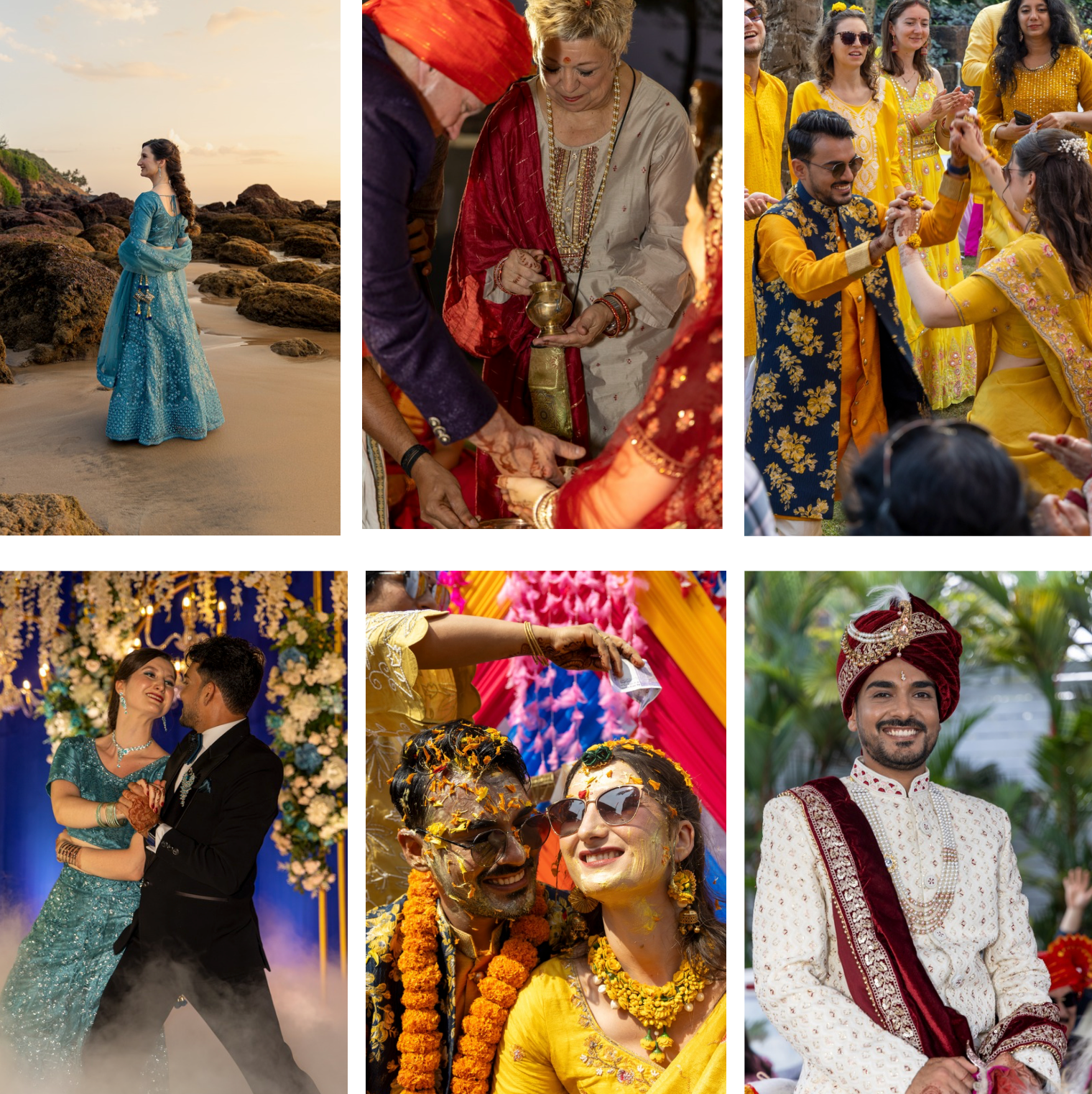 Collage van Indiase huwelijksmomenten: bruid en bruidegroom in kleurrijke feestkleding en dansende gasten