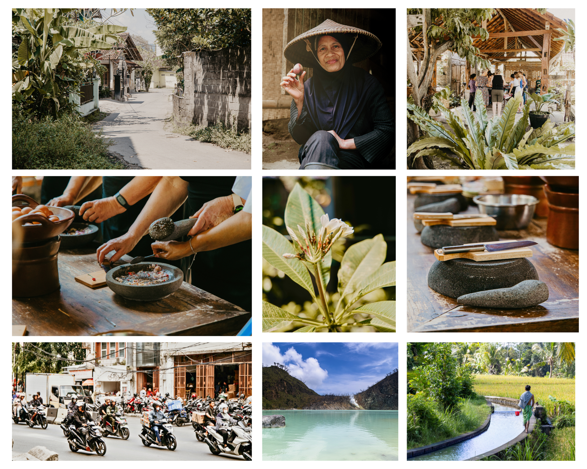Reiscollage met tuinpaden, lokale voedselbereiding, bloemen, een tempel, scooters en een schilderachtig uitzicht op de rivier.