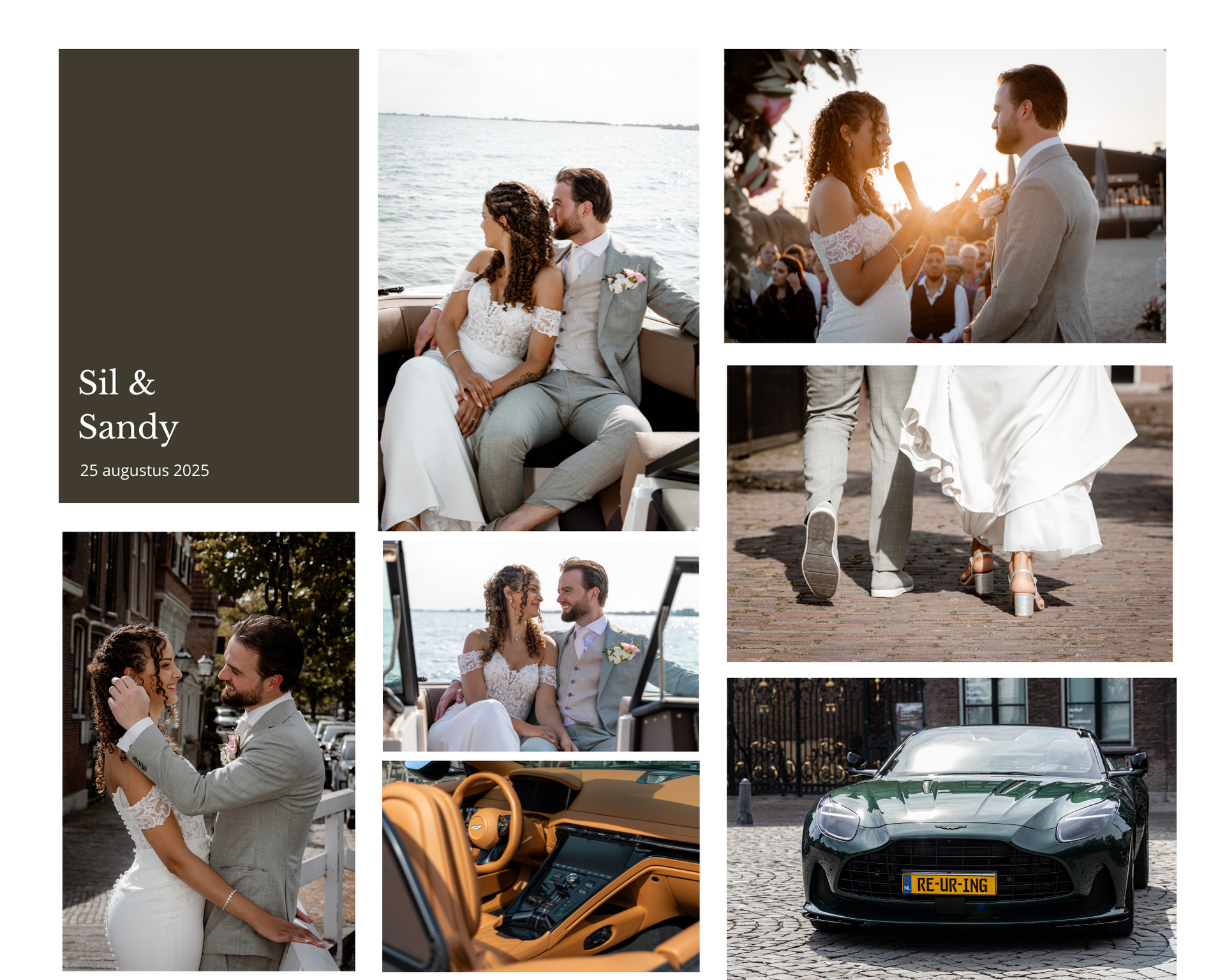 Fotocollage van de bruiloft met bruid en bruidegroom in witte outfits, portretten bij zonsondergang en een detailfoto van de auto.